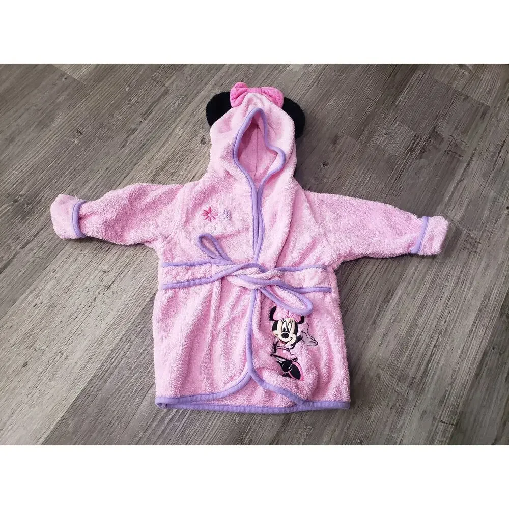 Disney Baby Minnie Mouse Hooded Bath Robe w. Ears & Bow | Size 0-9